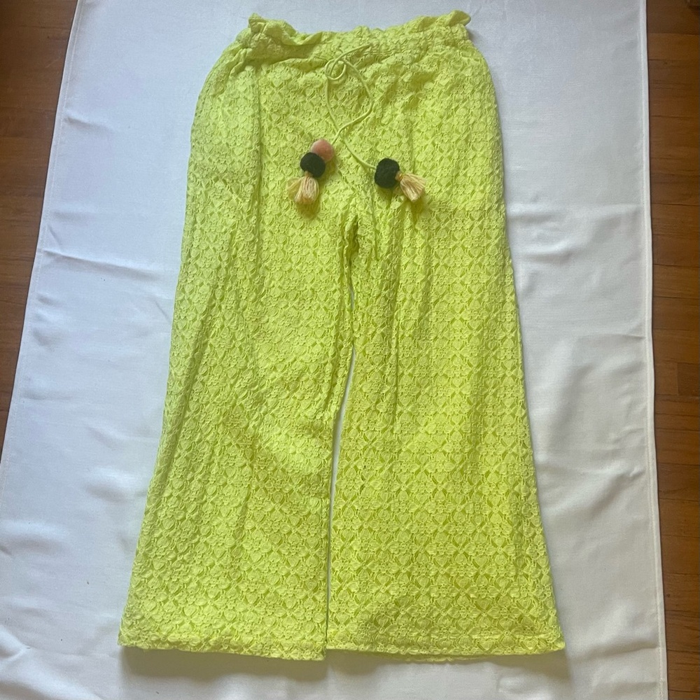 Ollari Anthropologie M lace wide leg chartreuse lime drawstring Tassel Pants